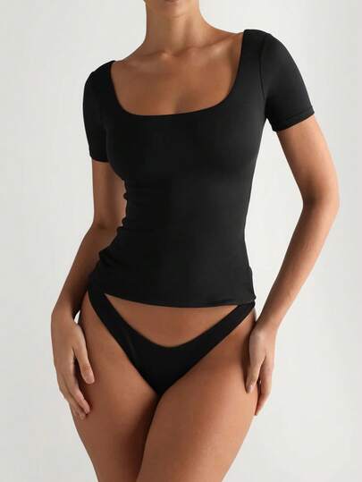 XLLAIS Basic Solid Color Square Neck Short Sleeve Top Casual Black