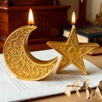 3D新月星形硅胶模具 - 这款模具饰有花卉和星空图案，适用于制作香薰蜡烛、树脂、石膏和肥皂等多种材料。它是家居装饰和节日礼物的必备之选，其设计便于制作斋月主题的月亮艺术品。非常适合DIY手工艺品、家居和餐桌装饰、斋月礼物、手工皂以及其他家居装饰品。