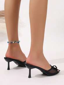 女士黑色高跟鞋，网面夏季新款时尚细高跟凉鞋，简约百搭女士正式凉鞋，优雅蝴蝶结夏季鞋 - 黑色 - 查看 5