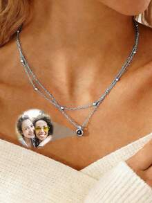Customized Double-Layer Chain Projection Necklace, Personalized Photo Layered Necklace, Memorial Jewelry, Gift For Best Friend, Valentine's Day/Birthday Gift For Her - Double-layered and Multi-colored - View 8