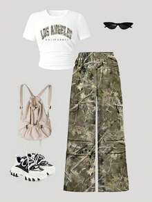2pcs Girls Camouflage Pants And Letter Print Long Sleeve Top Set - White - View 2