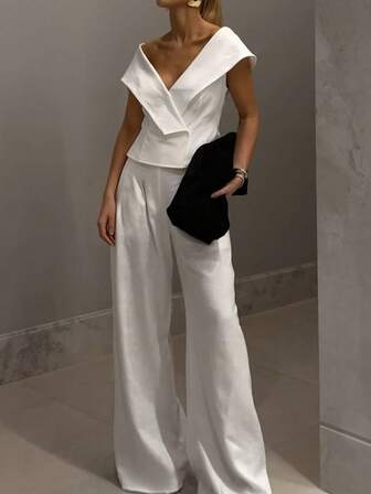 ชุดกางเกงผ้าลินินผ้าฝ้ายสีขาว คอวี แขนกุด 2 ชิ้น ขนาดมาตรฐาน ชุดฤดูใบไม้ผลิและฤดูร้อน เหมาะสำหรับใส่ทำงานในสำนักงาน, พักผ่อน, เดินเล่น และงานปาร์ตี้