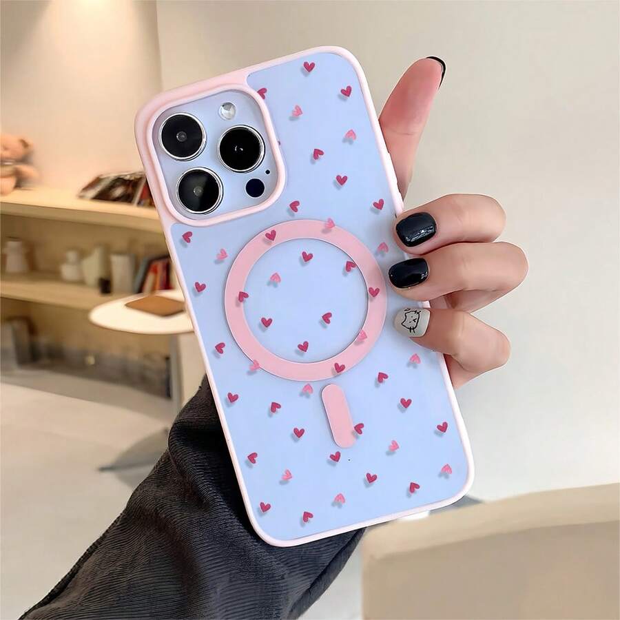1 Piece, Heart Pattern, Simple And Stylish Phone Case, Magnetic Structure, Suitable For IPhone 11/12/13/14/15/17/Air/Pro/Plus/Pro Max And Galaxy S22/223/S84/S25/Ultra/FE/EDGE Models, Supports Wireless Charging Function. Suitable As A Gift For Friends, It Can Also Be Used For Special Occasions Such As Christmas, New Year, Valentine's Day, Etc. - Pink - View 1