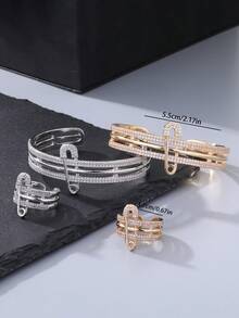 一套时尚优雅的立方氧化锆女士手链戒指套装，针形首饰，镀金手链，镀银手链，双色可选，手部饰品，适合日常佩戴，理想礼物，斋月配送 - 別針 - 查看 2