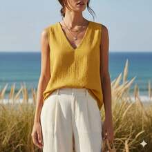 Women's Tank Top With Wide Straps, Duna Fabric - Yellow - View 3