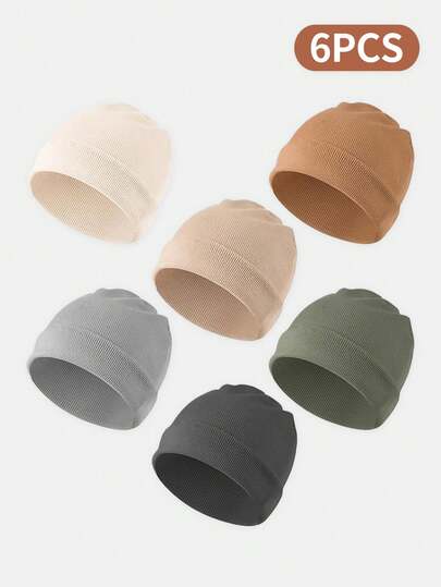 6顶新生儿针织帽，适合0-6个月宝宝 - 柔软弹力罗纹针织婴儿医院帽套装，带可折叠帽檐，纯色