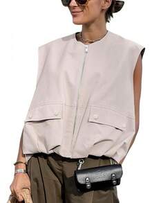 Women's Oversized Zip Up Cargo Vest Casual Ruched Hem Sleeveless Jackets Vest Top With Pockets - 灰色 - 查看 1
