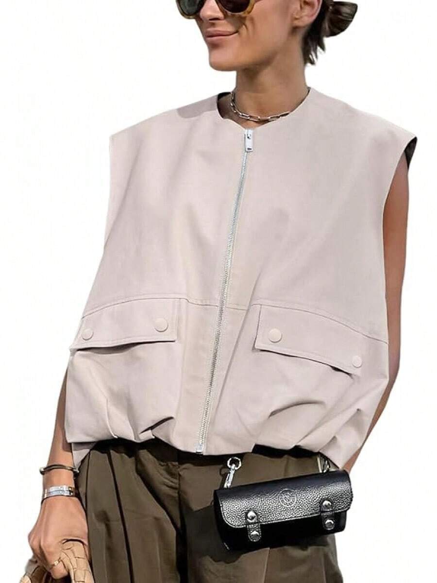 Women's Oversized Zip Up Cargo Vest Casual Ruched Hem Sleeveless Jackets Vest Top With Pockets - 灰色 - 查看 1