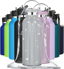- Botella de agua brillante con diamantes de imitación, de acero inoxidable con tapa de popote, botella de bebida aislada con cadena brillante para niñas y mujeres (500 ml, plateada),37495394 - Naranja - Ver 1