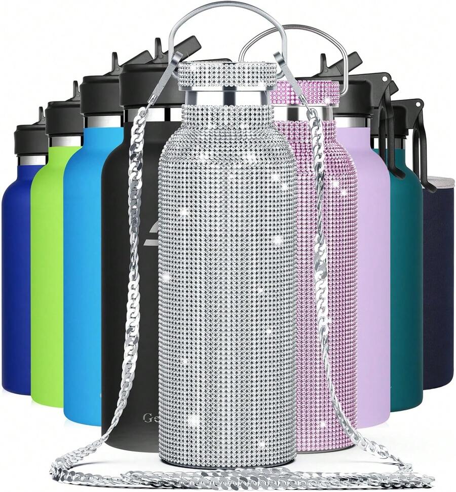 - Botella de agua brillante con diamantes de imitación, de acero inoxidable con tapa de popote, botella de bebida aislada con cadena brillante para niñas y mujeres (500 ml, plateada),37495394 - Naranja - Ver 1