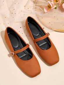 Women's Square Toe Mary Jane Flats - Classic & Versatile Burnt Orange, Soft Rubber Sole And Padded PU Insole - Comfortable For Office And Casual Wear, Suitable For All Seasons, Women's Flat Shoes, New, Fashion, Minimalist, Slip-On, Solid Velvet - Buckle Style - 亮橙色 - 查看 2