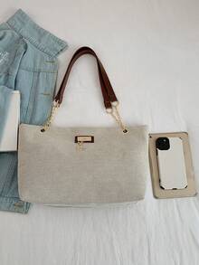 Bolso de mano de gran capacidad para mujer, bolso de hombro con cadena elegante, nuevo bolso de moda para debajo del brazo, bolso de lino retro - Café integral - Ver 3