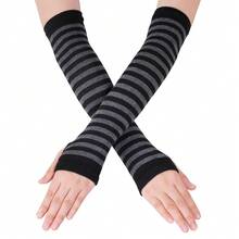 Nydotd Fingerless Long Sleeve Mittens Gloves Y2K Kawaii Japanese Harajuku Gothic Punk Knitted Striped Arm Warmer For Women,BlackGrey - 黑灰色 - 查看 1