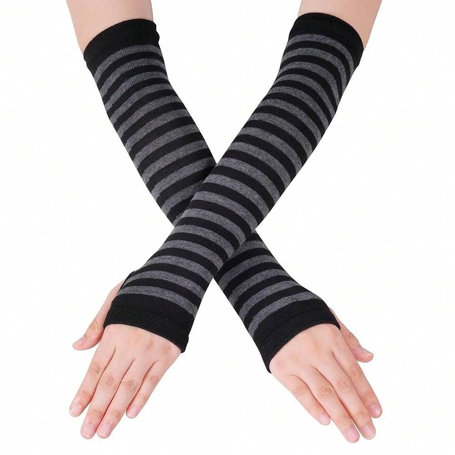 Nydotd Fingerless Long Sleeve Mittens Gloves Y2K Kawaii Japanese Harajuku Gothic Punk Knitted Striped Arm Warmer For Women,BlackGrey - 黑灰色 - 查看 1