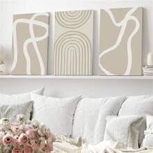 Conjunto de 3 pôsteres de arte de parede modernos, estampas em tela com linhas geométricas boêmias bege, design minimalista, com ou sem moldura, ideais para decoração de quartos, casas, dormitórios, hotéis, escritórios e como presente de boas-vindas. - Multicolorido - Ver 2
