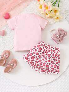 女婴情人节夏季休闲套装（2件套），粉色短袖印花上衣+荷叶边豹纹短裤，可爱卡通兔子图案，甜美时尚，柔软弹力面料，适合日常外出和玩耍 - 粉色 - 查看 2