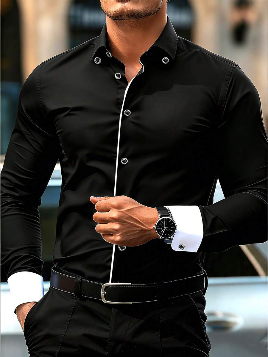 Men's Contrast Trim Front Button Slim Fit Formal Long Sleeve Shirt - Black - View 1