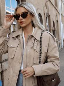 Áo khoác nữ trơn màu, túi đối xứng, dây rút, khóa kéo phía trước, áo khoác đơn giản, áo khoác có túi màu trơn, hàng ngày, đi học, du lịch, sân bay, ngày lễ, xuân thu - Màu Khaki - Xem 5