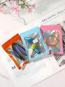 100/10pcs Transparent Holographic Bags, Odor-Proof Packaging Bags, Sealed Bags, Polyester Film Storage Bags, Zipper Sealed Bags, Polyester Film Holographic Resealable Bags, Gift Bags, Odor-Proof Bags, Aluminum Foil Bags, Suitable For Party Gift Storage, Polyester Film Bags, Transparent Window Holographic Resealable Packaging - Multicolor - View 6