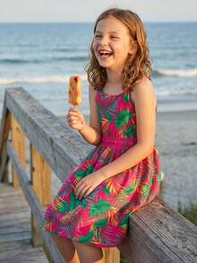 少女热带印花撞色蕾丝吊带裙，休闲沙滩度假连衣裙，无袖夏季女童装 - 彩色 - 查看 4