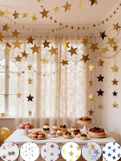 1 paquet de décorations de fanions d'étoiles brillantes, disponibles en or, bleu, argent, argent holographique, rose, or rose et plus de couleurs pour répondre à divers besoins de décor de fête. Réutilisable et rangement économe en espace, facile DIY. Convient pour les fêtes d'anniversaire, les mariages, les anniversaires, les baby-showers, les enterrements de vie de jeune fille/garçon, la Saint-Valentin, les demandes en mariage, la décoration du sapin de Noël et d'autres célébrations et fêtes.