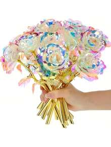 10支仿真水晶玫瑰花，闪亮水晶玫瑰仿真花，塑料红/蓝/粉玫瑰花束，永不凋谢的浪漫玫瑰，光泽亮丽的珠光塑料花，节日礼物装饰配件。完美适用于情人节、圣诞节、母亲节、生日、周年纪念日、婚礼——适用于任何房间，花束配件，浪漫房间装饰，家居装饰。 - 彩色 - 查看 2