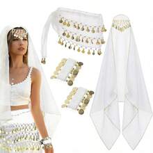 1 Belly Dance Set,Hand-Sewn Golden Coin Belly Dance Hip Scarf With Chiffon Bandana & Wrist Bracelets, Belly Dance Accessories - Multicolor - View 5