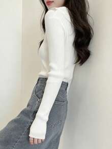女式百搭拉链半领长袖针织毛衣上衣 - 白色 - 查看 11