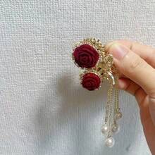 1pcElegant Vintage Rose Pearl Fringe Hair Clip - Alloy Floral Design With Red Felt Rose And Gemstone, Suitable For Pony And Bun, Perfect Gift For Mother's Day Or Valentine's Day, Floral Hair Accessories - 金玫瑰 - 查看 4