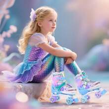 NewNEMONE Mermaid 4 Size Adjustable Light Up Roller Skates For Girls, Purple Blue Skates For Toddlers, Beginner Kids Butterfly Roller Skates Indoor OutdoorSeasonal Gifts - F-幼兒滑冰鞋 - 綠色粉紅色 - 查看 7