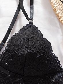 女士性感内衣 可调节肩带 三角杯无背文胸 交叉背带 舒适可爱性感蕾丝内衣 - 黑色 - 查看 5