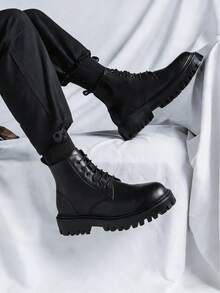 Boots Men's High Top Spring And Autumn British Style Retro Mid-Top Leather Shoes Heightened Black Leather Boots - 黑色 - 查看 1