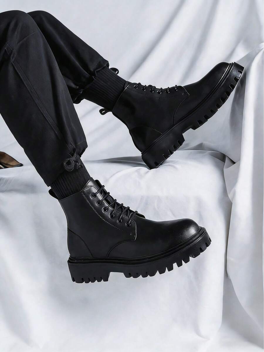 Boots Men's High Top Spring And Autumn British Style Retro Mid-Top Leather Shoes Heightened Black Leather Boots - 黑色 - 查看 1