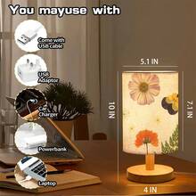 Bright Flowers Patterns Desk Lamp LED Bulb Included(Three Lighting Settings), Small Bedside Table Lamp - Classic Wood Base With Flaxen Fabric Shade, Lamps For Night Stands, Simple Nightstand Light For Bedroom, Office, Desk - Nhiều màu - Xem 6