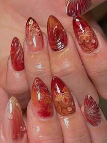 Almond-Shaped Nails, Red Nails, Floral And Shimmering Designs With 3D Bubbles, Exuding A Retro Vibe, Suitable For Parties, Dates, Gatherings, And Other Casual Occasions. Effortlessly Elevate Your Style. Almond-Shaped Nail Stickers, Nail Art, Nail Decorations, Medium-Length Nails, Red Nails, Nail Supplies, Acrylic Nail Stickers, Valentine's Day Nails. - Multicolor - View 1