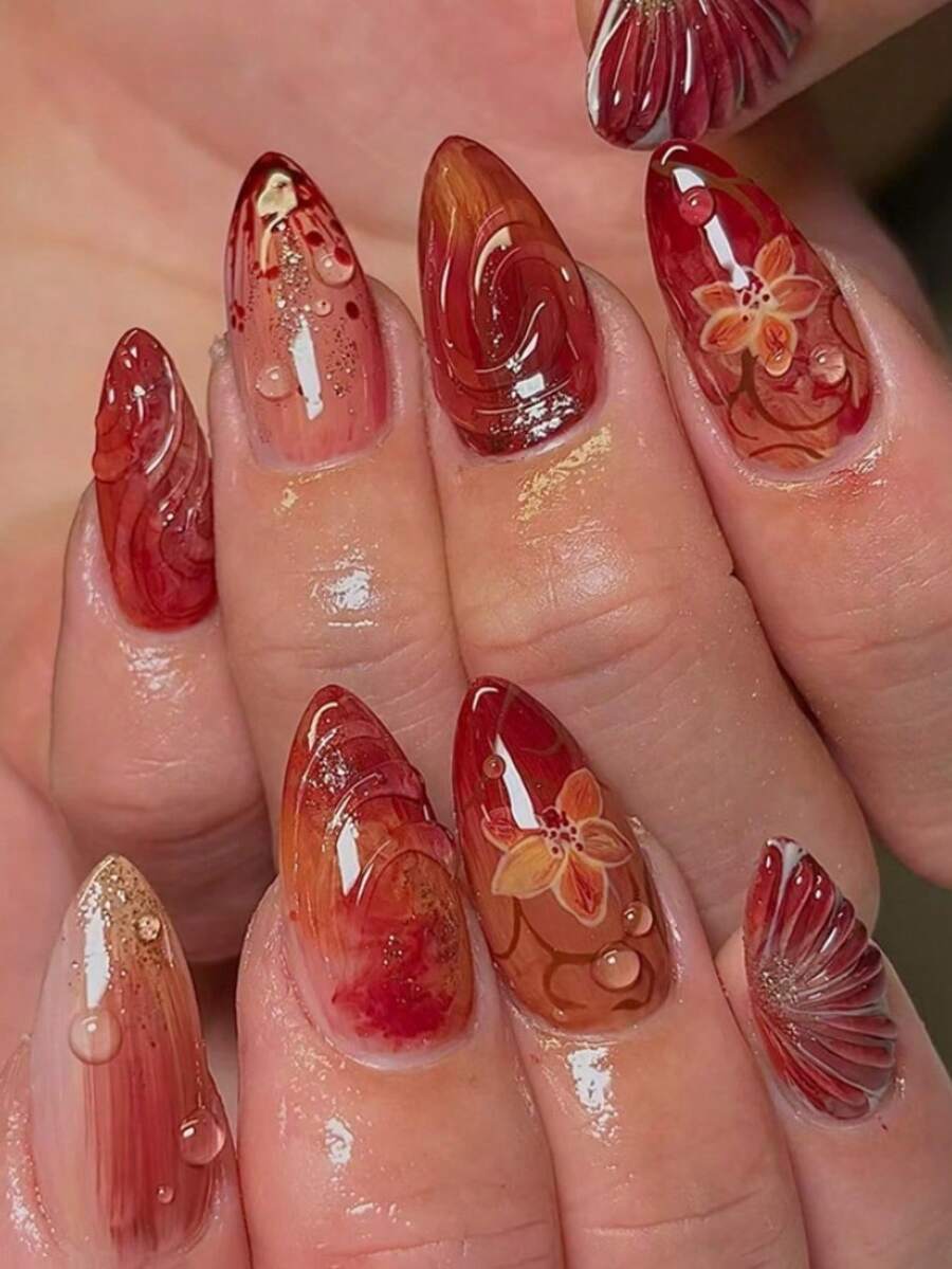 Almond-Shaped Nails, Red Nails, Floral And Shimmering Designs With 3D Bubbles, Exuding A Retro Vibe, Suitable For Parties, Dates, Gatherings, And Other Casual Occasions. Effortlessly Elevate Your Style. Almond-Shaped Nail Stickers, Nail Art, Nail Decorations, Medium-Length Nails, Red Nails, Nail Supplies, Acrylic Nail Stickers, Valentine's Day Nails. - Multicolor - View 1
