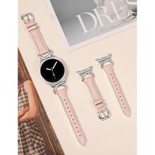 Minyee Leather Band Compatible With Samsung Galaxy Watch 8 40mm 44mm/ 8 Classic 46mm Bands, No Gap One-Click Slim Thin Dressy Leather Strap With C-Shape Metal Buckle Women, NOT For Other Models,Pink/Silver - 粉紅色/銀色 - 查看 5