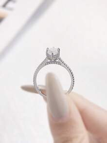 1pc 2 Carat Romantic Brilliant 6-Prong Moissanite & Cubic Zirconia Solitaire Engagement Ring, S925 Sterling Silver Luxury Engagement/Promise/Anniversary Ring, Women's Jewelry Gift, Christmas Gift - 六爪馬眼碎鑽莫桑戒指-2ct - 查看 6