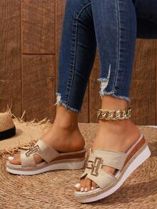 Women's Metal Buckle Decor "H" Shaped Vamp Slip-On Wedge Heel Platform Sandals, Bohemian Style, Beige Suede With Jute Rope, Lightweight Sole, Beach Holiday Wedge Slide Sandals - Beige - View 8