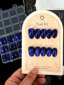 144片蓝宝石色磁性猫眼假指甲，方形短棺材形亮面可重复使用全覆盖指甲贴片，适合情人节、派对、婚礼、日常美甲用品 - 彩色 - 查看 6
