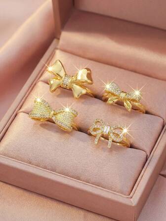 4 สไตล์ วินเทจ คาวาอิ แฟชั่น หรูหรา โกลด์ โบว์ แหวนเปิดข้อนิ้ว สำหรับผู้หญิง เด็กผู้หญิง เหมาะสำหรับใส่ทุกวัน , ของขวัญที่เหมาะสำหรับคนรัก แฟนสาว เพื่อน สำหรับวันครบรอบ วันวาเลนไทน์