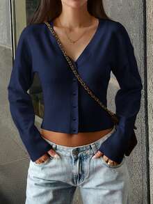 Y2K Inspired Sunny Girl Style Sexy Solid Color Button Design Long Sleeve V-Neck Cardigan Sweater, Suitable For Spring, Valentine's Day, Back To School Season - Navy Blue - View 7