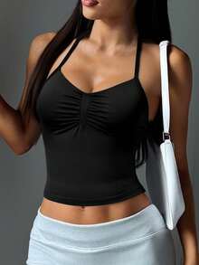 Aoqta Sports Women's Summer Casual Solid Color Halter Neck Tank Top, Fitted Sleeveless Backless With Chest Pad Ruffle Hem Halter Neck Top, Suitable For Yoga, Running, Workout, Daily Wear - Hitam - View 6