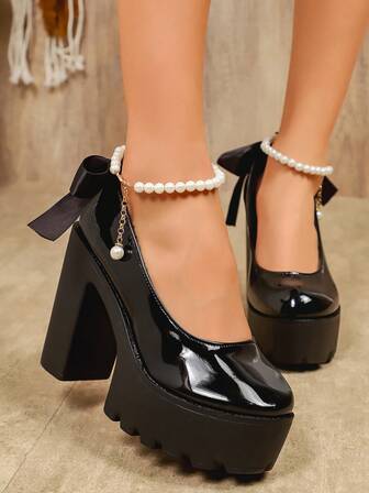 女士黑色漆皮厚底高跟鞋 | 珍珠踝链蝴蝶结装饰粗跟派对礼服鞋