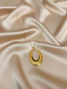 1 件 18K 镀金不锈钢椭圆形纹理吊坠长项链，适合女士，时尚简约百搭，适合日常佩戴、街头风格、派对、节日礼物