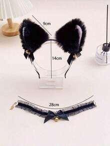 2pcs Women Mesh Furry Ear Headband, Bow Tie Collar Bell Roleplay Costume Accessories, Halloween, Party Cosplay Prop Headband, Bunny Ears, Bow Tie Collar Set - màu đen - Xem 2