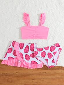 少女夏季沙滩褶皱荷叶袖热带植物印花泳衣套装 - 彩色 - 查看 2