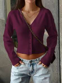 Áo cardigan dài tay cổ chữ V màu trơn, thiết kế cúc cài, phong cách Y2K lấy cảm hứng từ cô gái trẻ trung, gợi cảm, phù hợp cho mùa xuân, ngày Valentine và mùa tựu trường. - Màu đỏ tím - Xem 8