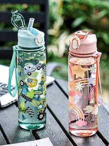 1pc 800ml Animal Dinosaur Straw Cup, Outdoor Sports Camping Water Bottle, Large Capacity Portable Cute Lady Office Water Bottle, Gradient Color Plastic Cup, Valentine's Day Gift - Multicolor - View 5