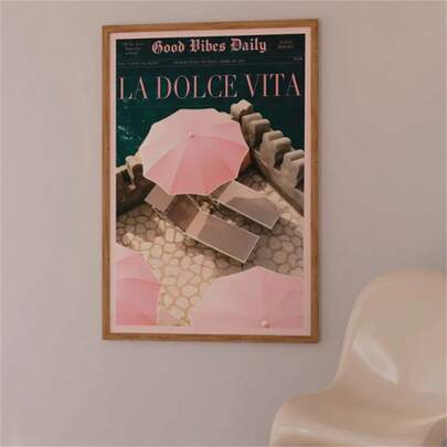 1 张海报：阿马尔菲海岸海滩风情艺术印刷品，报纸风格，粉色艺术，艺术装饰，墙面艺术，油画艺术，家具装饰，时尚风格艺术，无框